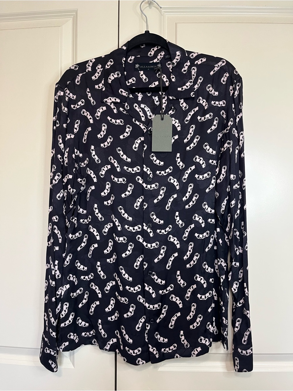 All Saints Black Button-Down Shirt with White Sunglasses Chain Print